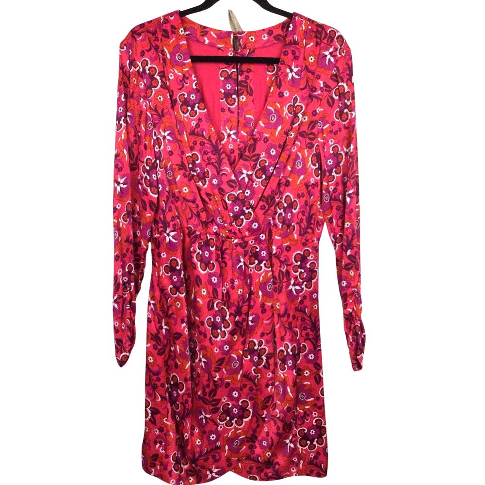 Mauve by Anthropologie Faux Wrap Whimsical Floral Ruched Sleeve Party Dress M